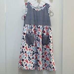 The Original Flap Happy Striped Nautical Kids Dress Anchor Seaside Print, Size 5